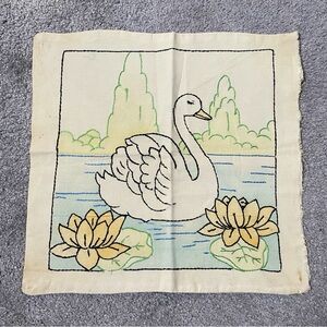 Vogart Vintage 1940’s Hand Embroidered Pillow Cover Swan On Lake Grannycore